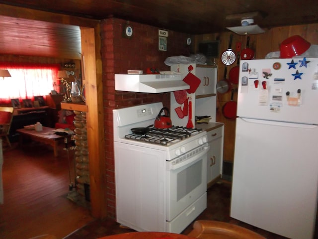 41 Hickory Ln, Alexander, ME 04694 - kitchen featuring white appliances, under cabinet range hood, and wood finished floors