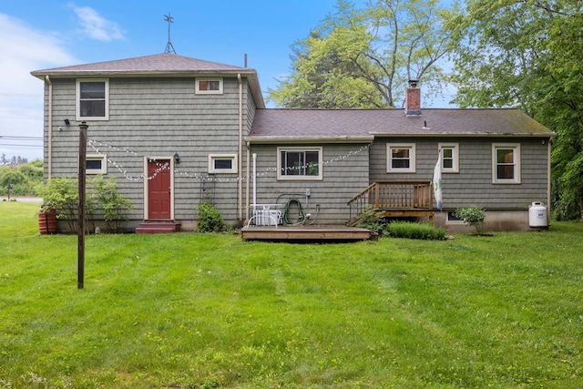 535 Spring St, Westbrook, ME 04092 - rear view of property featuring a chimney, a deck, a yard, and entry steps