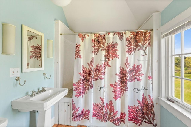 1392 N Haven Rd, Vinalhaven, ME 04863 - bathroom featuring vaulted ceiling, healthy amount of natural light, and curtained shower
