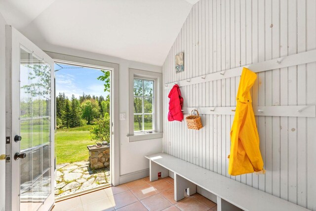 1392 N Haven Rd, Vinalhaven, ME 04863 - mudroom with tile patterned floors and vaulted ceiling