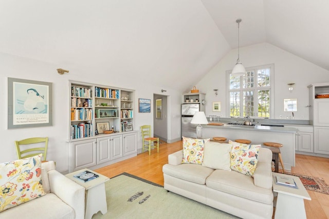 1392 N Haven Rd, Vinalhaven, ME 04863 - living area with light wood finished floors and vaulted ceiling