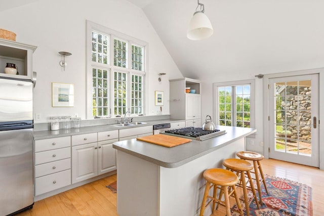 1392 N Haven Rd, Vinalhaven, ME 04863 - kitchen featuring stainless steel appliances, light wood finished floors, a kitchen bar, a center island, and high vaulted ceiling