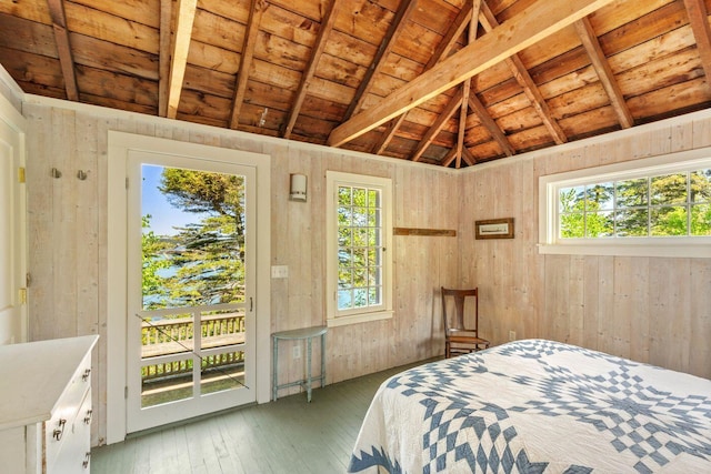 1392 N Haven Rd, Vinalhaven, ME 04863 - bedroom featuring wood ceiling, access to exterior, light wood-type flooring, and wood walls