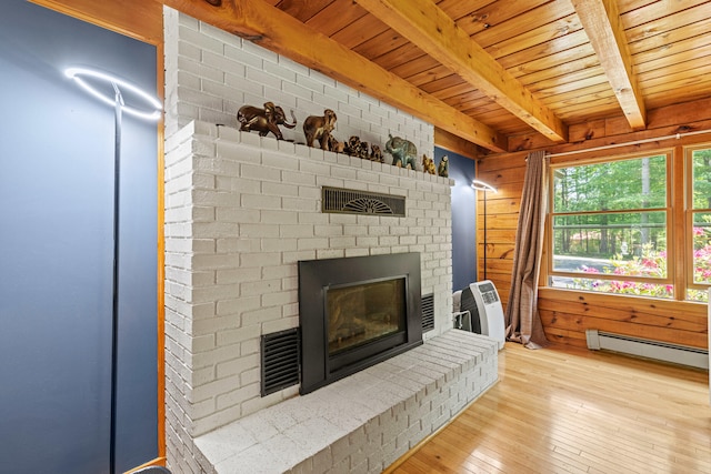 324 Pleasant Pond Rd, Turner, ME 04282 - detailed view of a fireplace, a wooden ceiling with exposed beams, a baseboard heating unit, wood finished floors, and wood walls