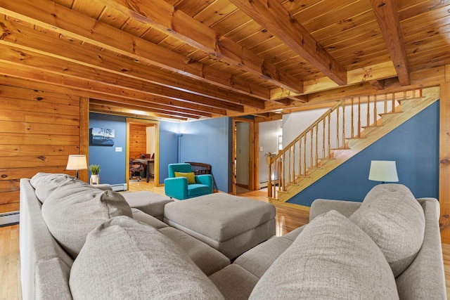 324 Pleasant Pond Rd, Turner, ME 04282 - living area with a wood ceiling with exposed beams, wood finished floors, stairway, and a baseboard heating unit