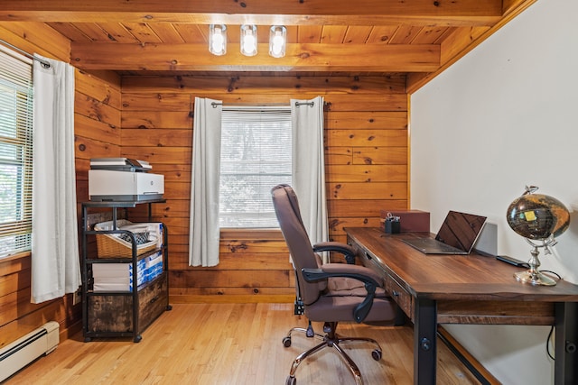 324 Pleasant Pond Rd, Turner, ME 04282 - office area with a baseboard heating unit, wooden walls, light wood-style floors, and a wooden ceiling with exposed beams