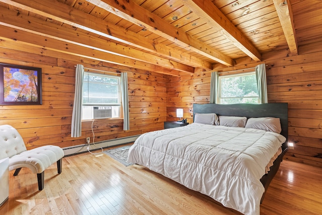 324 Pleasant Pond Rd, Turner, ME 04282 - bedroom with multiple windows, a wood ceiling with exposed beams, wood-type flooring, a baseboard heating unit, and wood walls