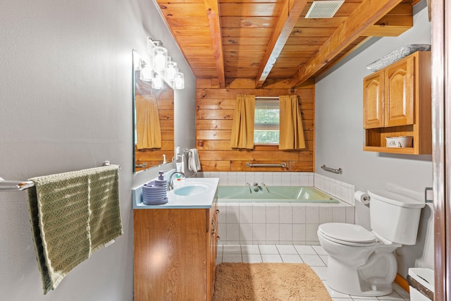 324 Pleasant Pond Rd, Turner, ME 04282 - bathroom with tile patterned floors, a garden tub, vanity, and a wood ceiling with exposed beams