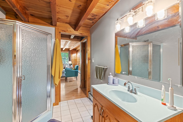 324 Pleasant Pond Rd, Turner, ME 04282 - bathroom with tile patterned floors, a stall shower, vanity, a wood ceiling with exposed beams, and a baseboard heating unit