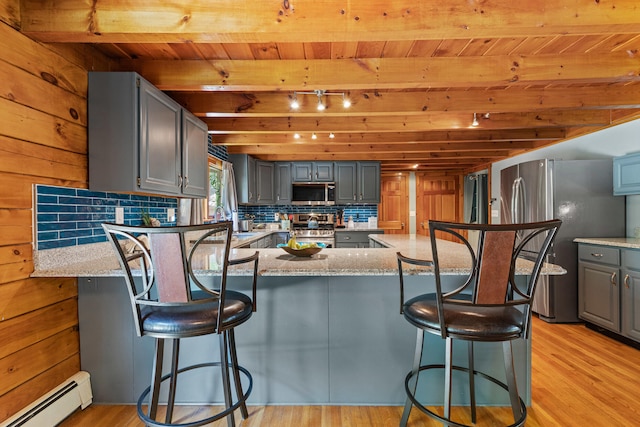 324 Pleasant Pond Rd, Turner, ME 04282 - kitchen with a baseboard heating unit, appliances with stainless steel finishes, gray cabinetry, track lighting, and a peninsula