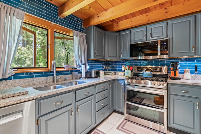 324 Pleasant Pond Rd, Turner, ME 04282 - kitchen featuring stainless steel appliances, gray cabinets, a wood ceiling with exposed beams, tasteful backsplash, and light tile patterned floors
