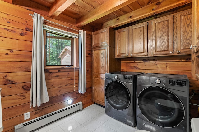 324 Pleasant Pond Rd, Turner, ME 04282 - washroom featuring a baseboard radiator, wooden ceiling, washer and clothes dryer, wood walls, and light tile patterned flooring
