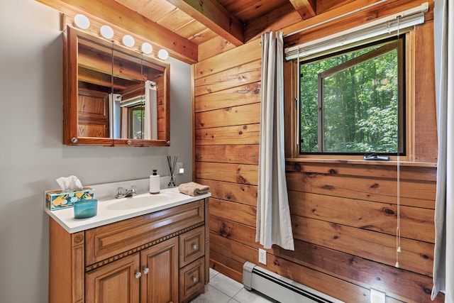 324 Pleasant Pond Rd, Turner, ME 04282 - bathroom featuring vanity, a wood ceiling with exposed beams, baseboard heating, and tile patterned flooring