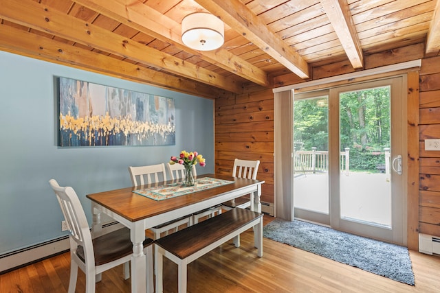 324 Pleasant Pond Rd, Turner, ME 04282 - dining space with a wooden ceiling with exposed beams, light wood-style floors, and wooden walls