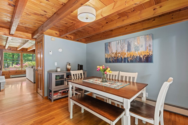 324 Pleasant Pond Rd, Turner, ME 04282 - dining room featuring a wood ceiling with exposed beams, light wood-style floors, baseboard heating, and a baseboard heating unit