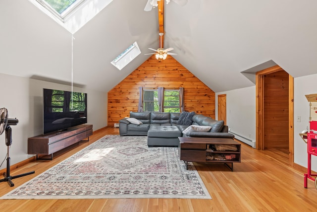 324 Pleasant Pond Rd, Turner, ME 04282 - living area featuring a skylight, a ceiling fan, wood finished floors, a baseboard heating unit, and wood walls