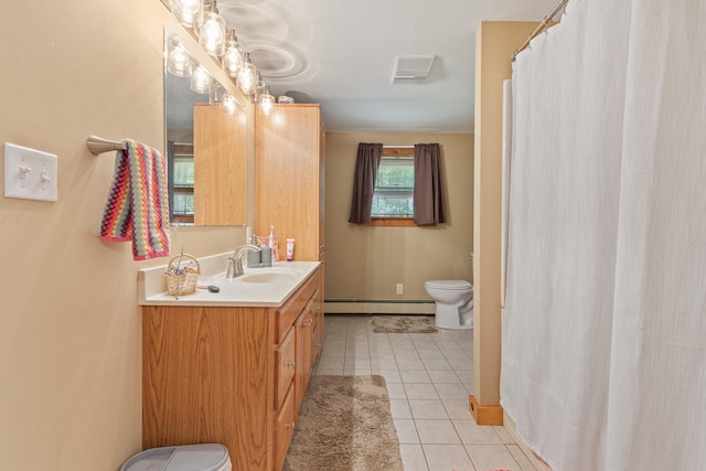324 Pleasant Pond Rd, Turner, ME 04282 - bathroom featuring a baseboard heating unit, tile patterned flooring, vanity, and a shower with curtain