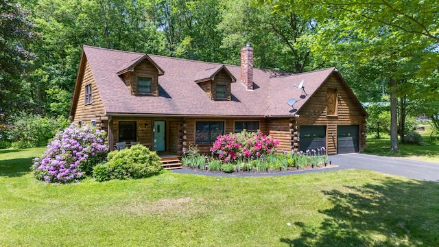 324 Pleasant Pond Rd, Turner, ME 04282 - log cabin with log exterior, covered porch, a chimney, a front lawn, and an attached garage