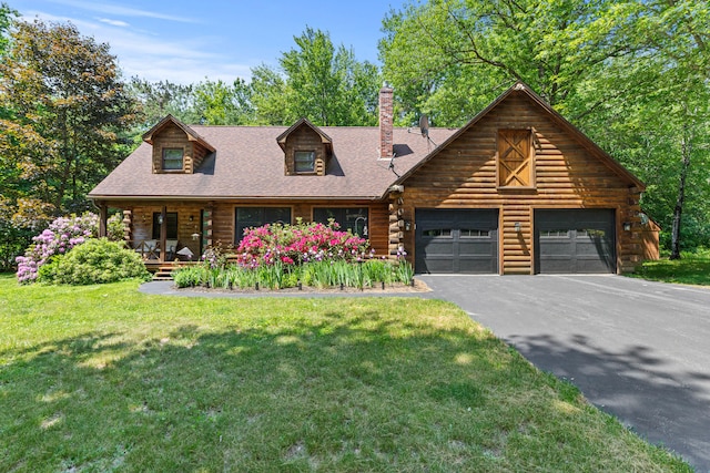 324 Pleasant Pond Rd, Turner, ME 04282 - log-style house with asphalt driveway, a chimney, a front yard, a porch, and log exterior