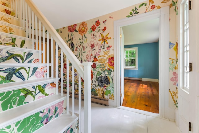 419 River Rd, Newcastle, ME 04553 - stairs with a baseboard radiator and baseboards