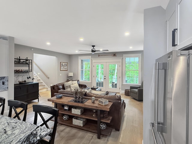 132 Mineral Spring Rd Unit 1, Windham, ME 04062 - living area featuring stairs, healthy amount of natural light, light wood finished floors, recessed lighting, and a ceiling fan