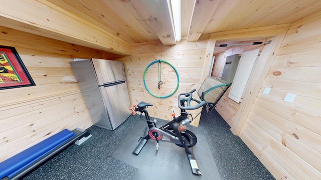 132 Mineral Spring Rd Unit 1, Windham, ME 04062 - exercise room with wood walls and wooden ceiling