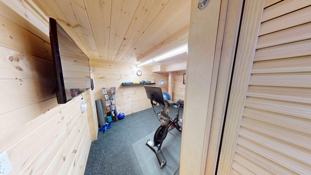132 Mineral Spring Rd Unit 1, Windham, ME 04062 - exercise room featuring wood ceiling and wooden walls