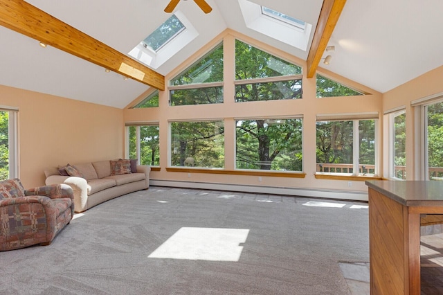 24 High St, Hallowell, ME 04347 - living area with a skylight, a baseboard radiator, a ceiling fan, high vaulted ceiling, and carpet floors