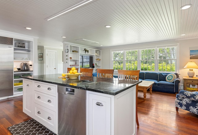 8 Broad Cove Rd, Cape Elizabeth, ME 04107 - kitchen with open floor plan, stainless steel appliances, white cabinetry, dark wood-style flooring, and recessed lighting