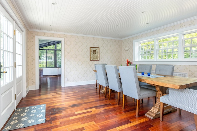 8 Broad Cove Rd, Cape Elizabeth, ME 04107 - dining space featuring hardwood / wood-style floors, crown molding, and wallpapered walls