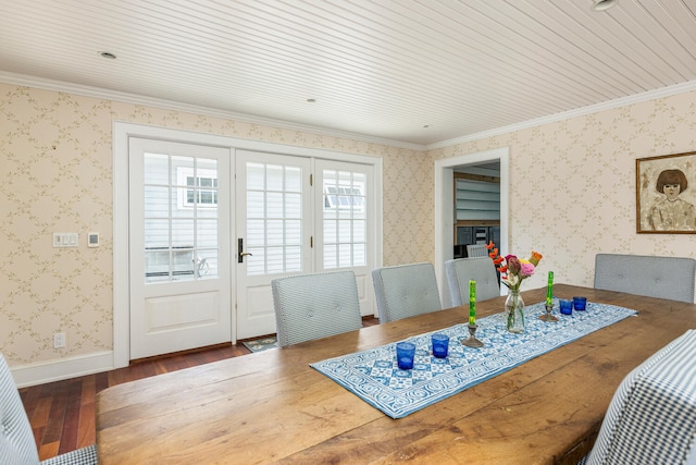 8 Broad Cove Rd, Cape Elizabeth, ME 04107 - dining space featuring hardwood / wood-style flooring, wallpapered walls, and ornamental molding