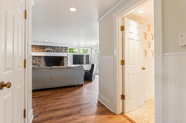 8 Broad Cove Rd, Cape Elizabeth, ME 04107 - hallway with a wainscoted wall, wood finished floors, a decorative wall, and recessed lighting