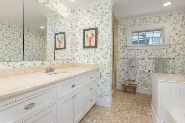 8 Broad Cove Rd, Cape Elizabeth, ME 04107 - bathroom with crown molding, vanity, a stall shower, wallpapered walls, and recessed lighting