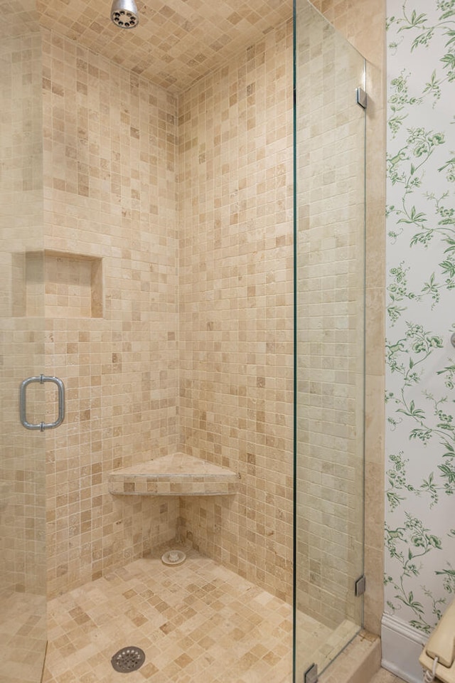 8 Broad Cove Rd, Cape Elizabeth, ME 04107 - bathroom with a stall shower and wallpapered walls