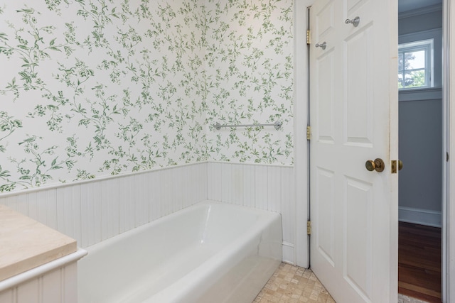 8 Broad Cove Rd, Cape Elizabeth, ME 04107 - full bathroom featuring wallpapered walls, a garden tub, and a wainscoted wall