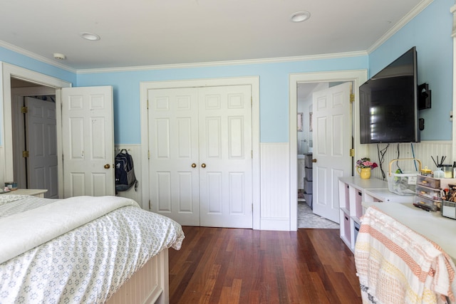 8 Broad Cove Rd, Cape Elizabeth, ME 04107 - bedroom with wainscoting, dark wood-type flooring, a closet, and crown molding