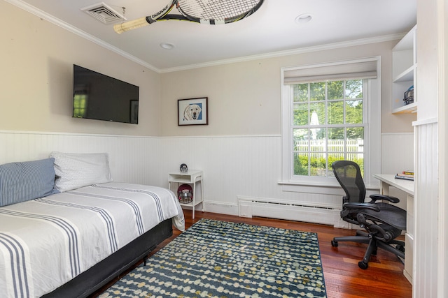 8 Broad Cove Rd, Cape Elizabeth, ME 04107 - bedroom featuring a baseboard heating unit, wainscoting, wood finished floors, a desk, and crown molding