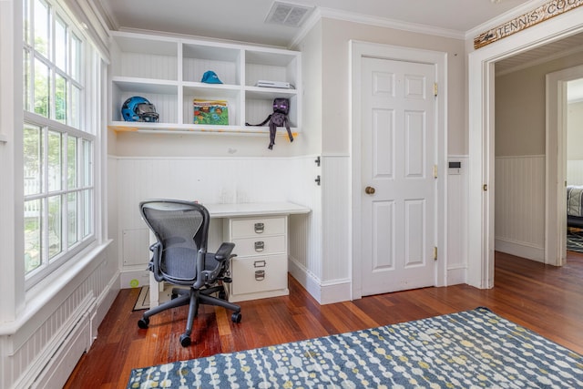 8 Broad Cove Rd, Cape Elizabeth, ME 04107 - office space featuring wood finished floors, plenty of natural light, wainscoting, ornamental molding, and radiator