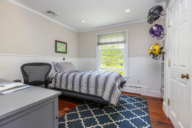 8 Broad Cove Rd, Cape Elizabeth, ME 04107 - bedroom featuring a wainscoted wall, a baseboard heating unit, dark wood-type flooring, ornamental molding, and recessed lighting
