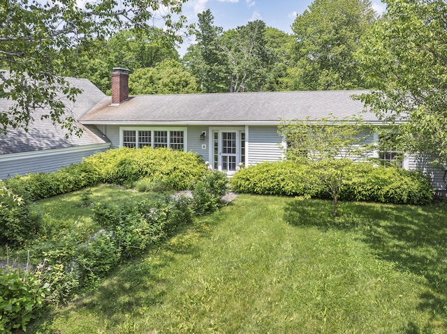 8 Broad Cove Rd, Cape Elizabeth, ME 04107 - ranch-style house with a chimney, a front yard, and roof with shingles