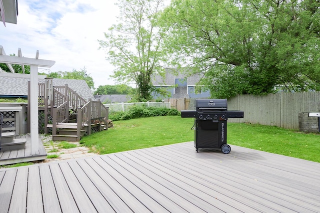 16 Lawn Ave, Rockland, ME 04841 - wooden deck with a fenced backyard, area for grilling, and stairway