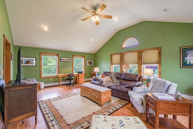16 Lawn Ave, Rockland, ME 04841 - living room with a baseboard radiator, ceiling fan, a desk, light wood-type flooring, and recessed lighting