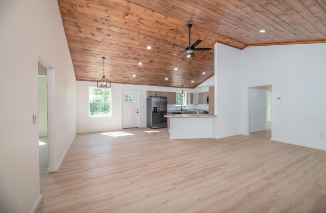 6 Walker Rd, Embden, ME 04958 - unfurnished living room with wood ceiling, a ceiling fan, light wood finished floors, baseboards, and high vaulted ceiling
