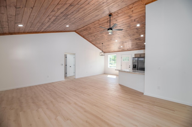 6 Walker Rd, Embden, ME 04958 - unfurnished living room with wooden ceiling, light wood finished floors, ceiling fan, recessed lighting, and baseboards