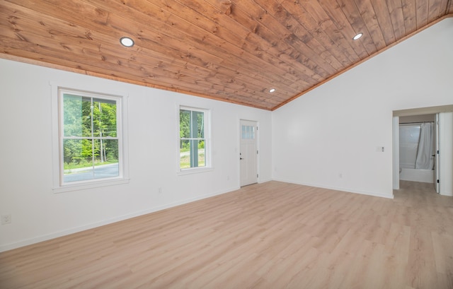 6 Walker Rd, Embden, ME 04958 - empty room featuring wooden ceiling, vaulted ceiling, healthy amount of natural light, light wood-type flooring, and recessed lighting