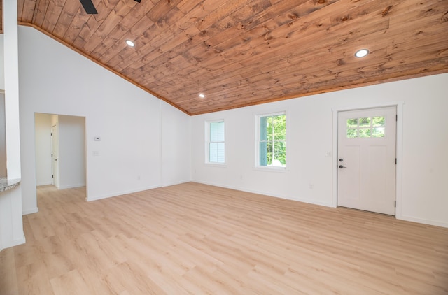 6 Walker Rd, Embden, ME 04958 - unfurnished living room featuring wood ceiling, lofted ceiling, light wood-style floors, baseboards, and ceiling fan