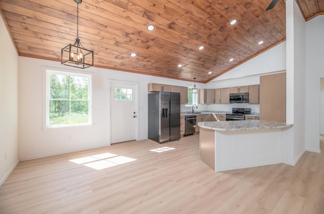 6 Walker Rd, Embden, ME 04958 - kitchen featuring stainless steel appliances, wooden ceiling, a sink, vaulted ceiling, and light wood-style flooring