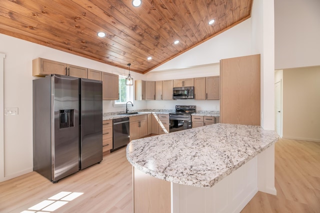 6 Walker Rd, Embden, ME 04958 - kitchen featuring stainless steel appliances, a sink, wooden ceiling, light wood-style flooring, and light stone counters