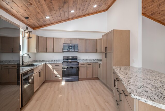 6 Walker Rd, Embden, ME 04958 - kitchen with appliances with stainless steel finishes, wood ceiling, a sink, light stone countertops, and recessed lighting