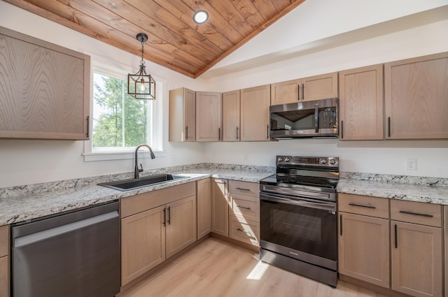 6 Walker Rd, Embden, ME 04958 - kitchen with stainless steel appliances, a sink, wood ceiling, light wood-style floors, and lofted ceiling